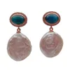 Stud 19mm Freshwater Cultured White Keshi Pearl Coin Shape Blue Apatite Cz Pave Dangle EarringsStud Kirs22