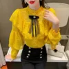 Elegant Fashion Lace Bottoming Women's Shirt Autumn Hollow Flower Ruffle Blouse Bow Beading Long Sleeve 6 Colors Blusas 16889 220407