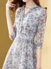 EVNISI Blue Chiffon Floral Dres Spring Summer Dress V-neck Elegant French Dresses Casual Bohemian Seaside Vestidos 220516