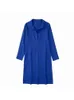 Casual Dresses Women's Summer 2022 Fashion Chic Blue Linen Gown Dress Retro Lapel Slit Long Sleeves Solid Color Loose SkirtCasual