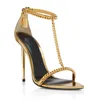 Summer Famous Brand Gold Chain Lin Padlock Sandals Shoes Women Pointy Naked Link Embellishment Gladiator Sandalias