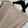 Yiyiyouni stickad grundläggande randiga t-shirts kvinnor sommar kortärmad avslappnad toppar kvinnliga mysiga lösa bomullströjor harajuku skjorta 220510