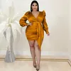 Plus Size Dresses Satin Fabric Elegant Women's For Party 2022 Deep V Puff Sleeve Fram Hem Mid kjol Evening Gownplus