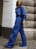 Bornladies Office Ladies Satin Blue Pantsuits Long Shirt and Pants 2 Piece Sets Women Outfits Casual Wide Legs Pants Suit 2022 T220729