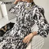 Spring Fashion Stand Collar Dress Women Elegant Long Sleeve Loose Women Lace Printed Mid-length Dress JXMYY 210412