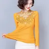 Women's TShirt M4XL Elegant Lace shirt Autumn Winter drilling longsleeved Tshirt Flowers Mesh Tops Blusa 230206