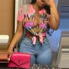 Designerski damski T -koszulka seksowna pasek pępka mody Graffiti nadrukowane kardigan frędzle podzielone z krótkim rękawem koronkowe bluzki