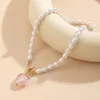 Vintage Pearl Necklace For Women Fashion Geometric Pink Glass Heart Pendant Necklace neck chain Wedding Jewelry