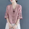 Chemise rétro en coton avec boutons et nœuds brodés pour femmes, robe de thé Zen chinoise, ample, courte, col en v, été, 220408