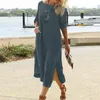 Casual jurken Vintage katoenen linnen vrouwen Slit jurk 2022Summer Harajuku Pocket Lange Mouw Party Loose Solid Maxi Vestidocasual