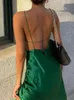Green Camis Satin Long Dress Women Fashion Spaghetti Straps Lackless Maxi Robe 2022 Summer Sexy Side Split Party Nightdresses T220816