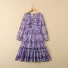 2022 Autumn V Neck Sheer Tulle Floral Dress Romantic Purple Long Sleeve Ruched Kne Length Dresses 22G210040