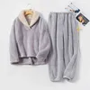 Fleece Pyjama Set Women Solid Long Sleeves Winter Terry Fabric Ladies Pijama Suit 2 Pieces With Long Pants Thick Warm Home Clothes Female L220803