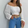 Y2k Crop Tops Women Blouse Off Shoulder Lantern Long Sleeve Tie Knot Blouse Elegant Outfits Y2k Tunics Sexy Club Short Shirts L220705