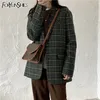 Femmes hiver vert Plaid laine veste manteau Femme rétro col cranté poches à simple boutonnage lâche épaississement Blazer 201215