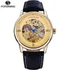 Polshorloges Fashion Forsining Top Brand Gold Dial Men kijken Blue Skeleton Point Design Leather Automatische zelfwind polshorlogeswatcheswristwatches