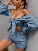 Glamaker Blue 2 piece suit Women top with knotted on the chest and loose shorts Casual cotton comfortable suit Lady sets 220611