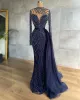 2022 بالإضافة إلى الحجم العربي Aso ebi Navy Blue Frust Frod Dresses Hoveded Mermaid Lace Evening Party Second Dression Dress