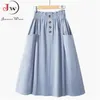 Vrouwen zomer rok lente koreaanse stijl casual effen hoge taille a-line midi rokken met pocket meisjes elegante faldas 220317