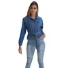 Damenjacken Frühling Herbst Damen Kurze Denim-Taillenjacke Blau Solid Vintage Streetwear Stehkragen Schnür-Demin-Mantel 120963W