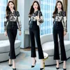 Kvinnors tvåbitar byxor Kvinnor Office Lady Lady Pass Two-Piece Pantsuit Elegant Plaid Print Patchwork Blazer Female Set Casual Flare Jacket Work C