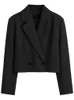 Moda kadınlar zarif kısa blazer rahat ofis çalışması vintage düz renkli uzun kollu çentik yakalı çift göğüslü ceket 220812