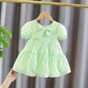 2022 Summer Baby Girls Dress Korean version Puff Sleeve Green Dress Bow Princess Dresses G220518