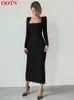 OOTN Elegant Black Bodycon Dress Stretch Square Neck Long Sleeve Party Dresses Women Spring Split Mid-Calf Solid Sexy Dress 2022 T220804