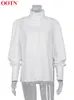 OOTN Elegante Turtleneck Blouse Lange Mouw Witte Shirt Office Dames Tops Casual Single-Breasted Puff Sleeve Vrouwen Blouse 220407