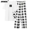 Sleepwear Couple Men and Women Matching Home Suits Cotton Pjs Chic Chinese Word Prints Leisure Nightwear Pajamas for Summer 220511
