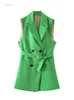 Kobiety długa zielona kamizelka z biurem pasa dama garnitury 2022 nowa moda prosta v szyja szyk szyk szukowa kurtka biura lady Blazer L220725