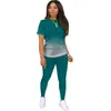 Women Tracksuits Sleep Lounge Plus Size Summer Female Gradual Color Two Pieces Set Digital Print Tops Pants Suits Short Sleeve T-Shirts Trousers Outfits BC67