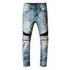 Blaue Jeans für Herren, Designer-Rip-Knie-Reißverschluss, schmal, lang, dehnbar, Slim-Fit, Biker-Distress-Denim, gerades Bein, klassisch, Hip-Hop-Jogginghose, einfarbig, trendige Hose, schwarzer Aufnäher