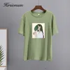 hirsionsan harajuku 프린트 티셔츠 여자 여름 세련된 티 100%면 우아한 그래픽 의류 느슨한 캐주얼 풀오버 탑 220613