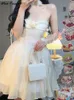 Verano sexy hada dres dulce elegante sin respaldo mini vestidos chic coreano sin tirantes de cintura alta fiesta vestido casual 220613