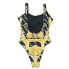 Sexy Lace Up Split Swimwear Double Letter Palace Pattern Swimsuit Gathering Strappy Bikini Set Hanging Neck Swimming Wear 2 Piece Set