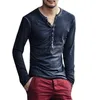 Men Tee Shirt Vneck Long Sleeve Tetops الأزرار الأنيقة النحيفة