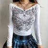 Women's T-Shirt 2022 Women Autumn Clothes Floral Y2k Crop Top Rhinestone Grunge Fairycore T Shirt White Frill Long Sleeve Pullovers Basic Te