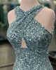 Красное выпускное платье открыто назад 2K23 оболочка Criss Cross ремни Sparkly Sequin Lady Chepeant Pageant Pageant с поездом High Split Formal Party Night Club Robe de Soiree Met Gala Y2K