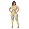 2022 Designer Women Two Piece Pants Set Multicolor Printed Outfits Sexiga ärmlösa blusar Skjorta Luxury Ladies Suit
