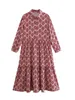 New Women Vintage Geometric Print Pleats Casual Slim Midi Shirt Dress Female Chic Pleats Ruffles A Line Vestido