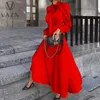Bahar Ücretsiz Highend Zarif Katı Şifon Elbise Tam Kollu Yay Bayan Yüksek Bel Aline Maxidress 220527