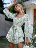 Holiday Sash lange mouw ruches print romper zomer vrouwen vat floral short algehele A-lijn v-neck strand rompers 220520