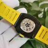 Vente chaude Montres de qualité supérieure 50mm x 44mm RM011-FM Skeleton NTPT Bandes en caoutchouc jaune en fibre de carbone transparent mécanique automatique Mens Montre Montre-montre