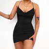 wsevypo Chic Summer Suspender Short Bodycon Dress Women Back Cross Sleeveless Draped V Neck Mini Sundress Party Club Wear 220521