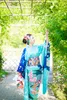 Japanische ethnische Kleidung, weiblicher Elch, großer Kimono mit Vibrationsärmeln, formelles Kleid, Tokyo Lady, wunderschöner Standard-Kimono, grün, blau