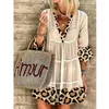 Casual Dresses Plus Size 3xl Leopard Patchwork Dress Boho Hippie Chic 3/4 Sleeve V Neck Mini Loose Beach For Wome 2022