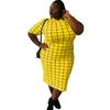 Plus Size Dresses 4XL Women Dress O Neck Short Sleeve Mid Calf Robes Summer Plaid Print Street Style Casual Oversize T Shirt