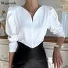 Blusa de manga larga con cuello en V y manga abullonada para Mujer, camisas informales elegantes coreanas de primavera para Mujer, Tops blancos, Blusas para Mujer 12899 220407