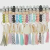 Fashion Wood Chip Silicone Bead Bracelet Keychain Party Favor Pendant 14 Colors Women Key Ring Wrist Strap Tassels Handchain Keys Ring B6